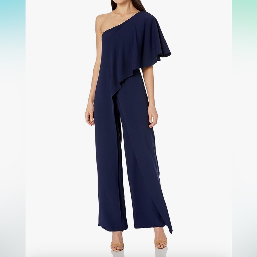 Marina Women's One Shoulder Jumpsuit with Cascade Ruffle Detailing Navy Size 8